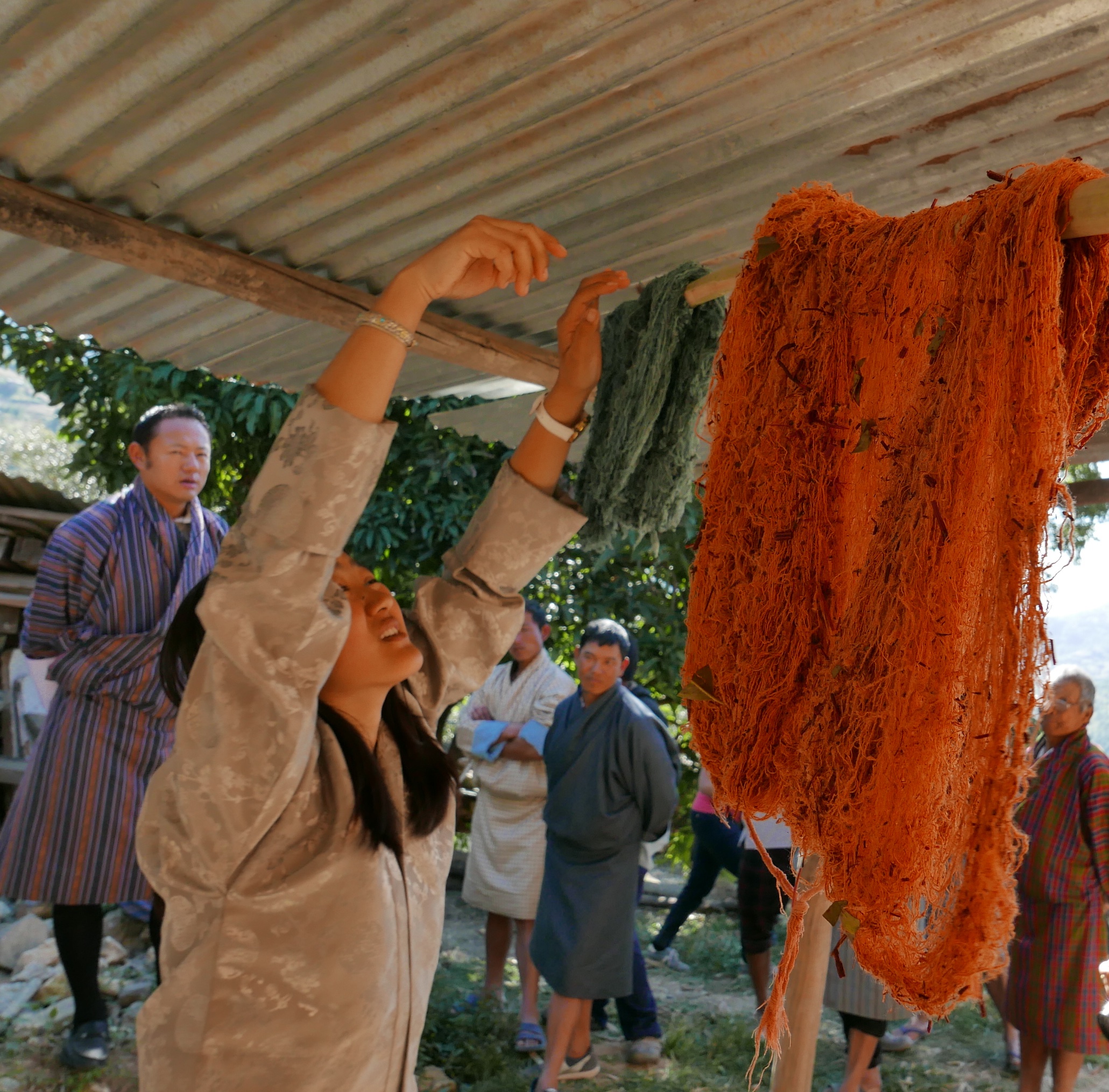 Organically dyed raw silk bales are hung up to dry - demonstration by a grassroots cooperative in Rhadi, Eastern Bhutan